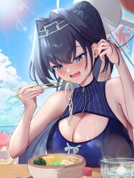 Rule 34 | 1girl, beach, blue eyes, blue hair, blue one-piece swimsuit, blue sky, bowl, breasts, chain, chain headband, chopsticks, cleavage, cleavage cutout, clothing cutout, cup, day, drinking glass, eating, food, hair intakes, halo, hareteruya, highres, holding, holding chopsticks, hololive, hololive english, holonatsu paradise, ice, ice cube, large breasts, long hair, looking at viewer, mechanical halo, multicolored hair, noodles, ocean, official alternate costume, official alternate hairstyle, one-piece swimsuit, ouro kronii, ouro kronii (holonatsu paradise), outdoors, sky, smile, solo focus, sun, swimsuit, table, virtual youtuber