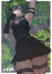1girl absurdres arm_strap arm_up armpits black_dress black_gloves breasts dress elbow_gloves forest gloves green_hair highres looking_to_the_side medium_breasts nature one_side_up out_of_frame purple_eyes rosia_san short_dress side_ponytail smile solo sousou_no_frieren standing teeth thigh_strap thighs ubel_(sousou_no_frieren)