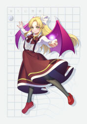Rule 34 | 1girl, absurdres, bat wings, black pantyhose, blonde hair, bow, character name, dress, energy ball, frills, grid, guumin, hair bow, highres, kurumi (touhou), long hair, long sleeves, lotus land story, pantyhose, purple wings, red footwear, ribbon, shirt, skirt, smile, suspenders, touhou, touhou (pc-98), warped, wings, yellow eyes