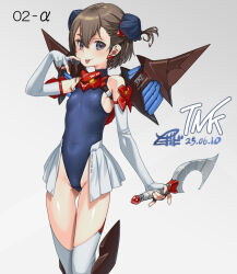 1girl :p black_eyes blue_one-piece_swimsuit breasts brown_hair bun_cover dated double_bun earrings elbow_gloves fingerless_gloves gloves hair_between_eyes hair_bun holding holding_weapon jewelry one-piece_swimsuit original school_swimsuit short_hair showgirl_skirt signature small_breasts solo swimsuit takada_kazuhiro thighhighs tongue tongue_out weapon white_background white_gloves white_thighhighs