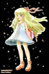 Rule 34 | 1girl, 2001, bad id, black background, blonde hair, blue eyes, blush, bow, dress, gift, hair bow, holding, holding gift, long hair, looking afar, looking at viewer, open mouth, orange bow, orange shoes, original, shoes, smile, solo, standing, sundress, tachibana sakuya (matsurika), white dress
