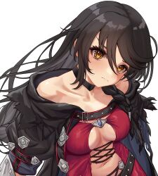 1girl absurdres bare_shoulders black_choker black_hair black_jacket braid breasts center_opening choker cleavage closed_mouth commentary commission cross-laced_clothes english_commentary highres jacket long_hair looking_at_viewer medium_breasts navel plant-new-art red_shirt shirt simple_background single_braid skeb_commission solo tales_of_(series) tales_of_berseria torn_clothes torn_jacket torn_shirt velvet_crowe yellow_eyes