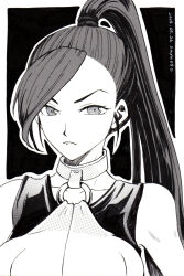 1girl 2025 asymmetrical_bangs border commentary dated dragon_quest dragon_quest_xi frown greyscale high_ponytail highres looking_to_the_side martina_(dq11) monochrome o-ring o-ring_top ponytail sayu_(user_tefx3855) screentones solo tank_top upper_body white_border