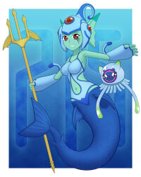 Rule 34 | breasts, colored skin, daviddragonstar, digimon, digimon (creature), fins, frog girl, green skin, head fins, helmet, jellymon, mermaid, monster girl, polearm, ranamon, red eyes, smile, trident, weapon