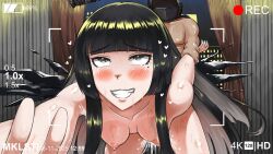 1boy 1girl angel arknights battery_indicator bent_over black_eyes black_hair black_halo black_wings blush breasts commentary completely_nude cum cum_in_pussy cum_overflow dated doctor_(arknights) doggystyle english_commentary facing_viewer female_ejaculation female_orgasm from_below grin halo heart heart-shaped_pupils hetero indoors kneeling long_hair looking_at_another looking_up maikeruexe night nipples nude orgasm pussy_juice recording rolling_eyes sex sex_from_behind small_breasts smile solo_focus symbol-shaped_pupils very_long_hair virtuosa_(arknights) wings