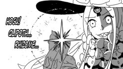 1girl abigail_williams_(fate) abigail_williams_(third_ascension)_(fate) commentary corruption dark_persona english_commentary english_text fate/grand_order fate_(series) gat0w gojou&#039;s_imaginary_technique greyscale hat highres jujutsu_kaisen keyhole long_hair looking_at_viewer meme monochrome multiple_hat_bows noble_phantasm_(fate) parted_bangs possessed possession revealing_clothes scene_reference sharp_teeth smile solo teeth tentacles third_eye upper_body very_long_hair witch_hat yog-sothoth