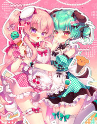 Rule 34 | 2girls, :d, animal ears, black bow, blush, bone hair ornament, bow, breasts, brown background, cartoon bone, cleavage, commentary request, detached sleeves, dog ears, dog girl, dog tail, double bun, dress, feet out of frame, food, garter straps, gradient background, green dress, green hair, green sleeves, hair between eyes, hair bun, hair ornament, holding, holding food, ice cream, ice cream cone, lilia chocolanne, looking at viewer, medium breasts, multiple girls, multiple scoops, open mouth, original, outline, parted lips, pink background, pink dress, pink hair, plaid clothes, plaid dress, plaid sleeves, puffy short sleeves, puffy sleeves, purple eyes, red eyes, short sleeves, smile, suzunone rena, tail, thighhighs, twintails, white outline, white thighhighs
