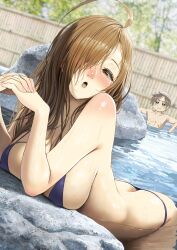 1boy 1girl :o absurdres ahoge ass bamboo_fence bikini blue_bikini blush breasts brown_hair commentary covered_erect_nipples english_commentary fence hair_over_one_eye highres huge_ahoge izawa_(bhive003) kono_subarashii_sekai_ni_shukufuku_wo! large_breasts long_hair mixed-sex_bathing onsen open_mouth outdoors paid_reward_available partially_submerged satou_kazuma second-party_source shared_bathing solo_focus swimsuit tongue towel towel_on_head variant_set water wet wiz_(konosuba)