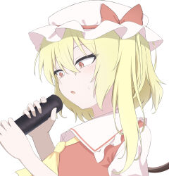 1girl :o absurdres ascot blonde_hair bow close-up commentary_request ehoumaki eyelashes flandre_scarlet food frilled_shirt_collar frills hair_between_eyes hands_up hat hat_bow highres holding holding_food light_blush looking_at_food makizushi medium_hair mob_cap open_mouth partial_commentary red_bow red_eyes red_vest shirt side_ponytail simple_background slit_pupils solo sushi sweat szl touhou tsurime variant_set vest white_background white_hat white_shirt yellow_ascot