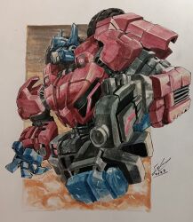 gun helmet highres humanoid_robot machine machinery mecha mecha_focus neon_trim no_humans optimus_prime robot science_fiction shay_gall transformers transformers:_war_for_cybertron weapon wheel