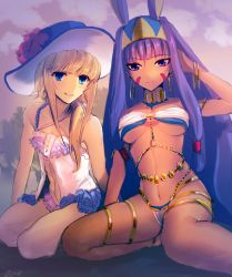 1boy 1girl :d androgynous animal_ears ayamatazu bad_id bad_pixiv_id bandeau blonde_hair blue_eyes bracelet breasts chevalier_d&#039;eon_(fate) crossdressing dark-skinned_female dark_skin earrings fate/grand_order fate_(series) hat jackal_ears jewelry long_hair lots_of_jewelry medium_breasts navel nitocris_(fate) one-piece_swimsuit open_mouth purple_eyes purple_hair sidelocks sitting small_breasts smile swimsuit trap underboob