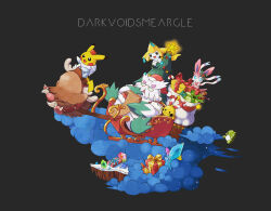:d abomasnow artist_name box chingling christmas christmas_lights christmas_tree commentary crystal darkvoiddoble gen_1_pokemon gen_2_pokemon gen_3_pokemon gen_4_pokemon gen_6_pokemon gift gift_box glasses grey_background hat highres holding jirachi legendary_pokemon list looking_down mythical_pokemon nintendo no_humans open_mouth pikachu piloswine pokemon pokemon_(creature) red_headwear riding riding_pokemon sack santa_hat sleigh smile staryu substitute_(pokemon) sylveon