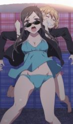 Rule 34 | 10s, black hair, blonde hair, breasts, brown eyes, cleavage, flower, hair ornament, hanasaku iroha, highres, matsumae ohana, stitched, sunglasses, swimsuit, third-party edit, tsurugi minko