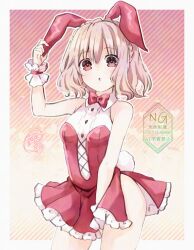1girl :o alternate_costume animal_ears bare_shoulders bow bowtie braid breasts crown_braid date_a_live date_a_live:_rinne_utopia dress fake_animal_ears fake_tail hoshibana_anima looking_at_viewer open_mouth pink_eyes pink_hair rabbit_ears rabbit_tail red_bow red_bowtie red_dress short_hair sleeveless sleeveless_dress small_breasts solo sonogami_rinne tail thighs wrist_cuffs
