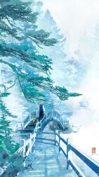 1boy absurdres aqiu4682 black_pants blue_vest bridge chinese_clothes dated day fog from_behind hat highres long_sleeves original outdoors pants pine_tree puffy_long_sleeves puffy_sleeves scenery shirt signature sky solo stairs straw_hat stream tabby_cat tree vest walking watermark weibo_watermark white_shirt white_sky wide_shot yellow_hat