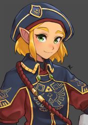 Rule 34 | 1girl, absurdres, alternate costume, bad id, bad twitter id, beret, closed mouth, cosplay, green eyes, grey background, hair ornament, hairclip, hat, highres, link (cosplay), looking at viewer, nintendo, pointy ears, princess zelda, puffy sleeves, rv (gvdn7245), short hair, sidelocks, simple background, smile, tabard, the legend of zelda, the legend of zelda: breath of the wild, the legend of zelda: tears of the kingdom, uniform
