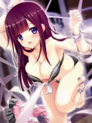 1girl bandages barefoot bdsm blush bondage bound bra bra_pull clothes_pull game_cg majika_majika panties purple_eyes tsukihashi_airi underwear zinno