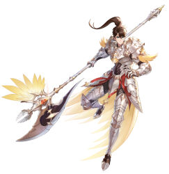 Rule 34 | 1boy, absurdres, armor, blue eyes, brown hair, commentary, english commentary, full body, gold trim, halberd, highres, holding, holding polearm, holding weapon, king&#039;s raid, lagna, light frown, loman (king&#039;s raid), long hair, low ponytail, official art, plate armor, polearm, ponytail, scale armor, solo, weapon