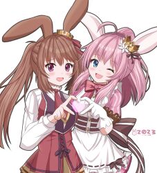 2girls ahoge animal_ears apron blue_eyes brown_hair brown_ribbon cinamon_alma crown dated dress emil_chronicle_online gloves heart heart_hands heart_hands_duo highres long_hair minnie_doe_alma multiple_girls necktie open_mouth pink_dress pink_hair pink_ribbon ponytail purple_eyes rabbit_ears rabbit_girl red_necktie ribbon twintails white_background white_gloves yanapy