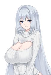 1girl absurdres blue_eyes breast_tattoo breasts cleavage cleavage_cutout closed_mouth clothing_cutout crimecrime ethel_(xenoblade) grey_hair highres large_breasts long_hair looking_at_viewer meme_attire open-chest_sweater simple_background solo sweater tattoo upper_body very_long_hair white_background xenoblade_chronicles_(series) xenoblade_chronicles_3