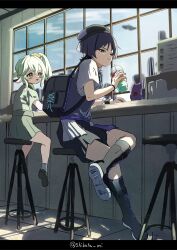 1boy 1girl absurdres alternate_costume arm_on_table backpack bag bar_stool beret black_footwear black_hat black_shorts black_socks blouse blue_sky blunt_ends blush braid brown_footwear coffee cross-laced_footwear crossed_bangs cup disposable_cup double-parted_bangs drinking_straw genshin_impact green_scrunchie green_skirt grey_vest hair_between_eyes hair_ornament hair_scrunchie hand_on_table hat highres holding holding_cup iced_coffee leaf leaf_hair_ornament looking_at_another menu menu_board nahida_(genshin_impact) official_alternate_costume on_stool parted_bangs plaid_clothes purple_eyes purple_hair red_rope rope scaramouche_(genshin_impact) scrunchie shadow shibata_mi shirt shoes short_sleeves shorts side_braid side_ponytail single_braid sitting skirt sky smile socks stool tile_floor tiles twitter_username vest wanderer_(genshin_impact) wanderer_(mega_mgc_coffee)_(genshin_impact) white_hair white_shirt white_sleeves white_socks window wrist_cuffs wristband