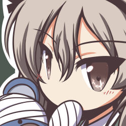 Rule 34 | 1girl, bandaged arm, bandaged head, bandages, black ribbon, blush, boko (girls und panzer), brown eyes, brown hair, closed mouth, covered mouth, eyes visible through hair, fictional sister, girls und panzer, green background, hair between eyes, hair ribbon, holding, holding stuffed toy, long hair, long sleeves, looking at viewer, military, military uniform, no nose, one side up, ribbon, selection university military uniform, shimada arisu, shirt, simple background, smile, solo, stuffed animal, stuffed toy, teddy bear