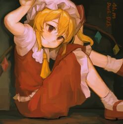 1girl absurdres blonde_hair chinese_commentary closed_mouth collared_shirt commentary_request flandre_scarlet hat highres liumdarkzhiyin mary_janes mob_cap red_eyes red_shoes red_skirt red_vest shirt shoes short_sleeves sitting skirt socks solo touhou vest white_hat white_shirt white_socks wings