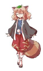 1girl :o alphes_(style) animal_ears black_kimono black_sandals blonde_hair blue_shirt closed_eyes commentary_request dairi facing_viewer full_body japanese_clothes kimono large_variant_set leaf leaf_on_head long_sleeves medium_hair okobo open_clothes open_kimono open_mouth parody platform_sandals raccoon_ears raccoon_girl raccoon_tail red_shorts sandals shirt shorts socks solo standing style_parody sweatdrop tabi tachi-e tail tanuki_mob_(touhou) thick_eyebrows touhou transparent_background variant_set white_socks wide_sleeves