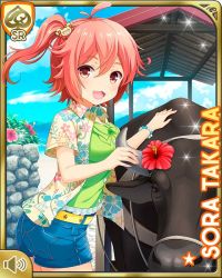 1girl ass belt bow bracelet bull card character_name day denim denim_shorts female_focus flower from_behind girlfriend_(kari) green_bow green_shirt hair_ornament hairclip hawaiian_shirt jewelry official_art open_mouth outdoors pink_eyes pink_hair qp:flapper sandals shirt shorts side_ponytail smile solo tagme takara_sora