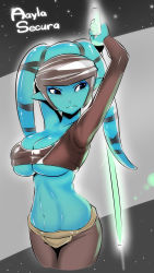 1girl aayla_secura alien animification bandana basara blue_eyes blue_skin breasts cleavage colored_skin curvy energy_sword eyeshadow female_focus highres huge_breasts jedi lightsaber makeup midriff narrow_waist nasara navel pants pointy_ears shiny_skin single_sleeve solo star_wars sword twi&#039;lek underboob weapon wide_hips