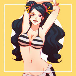 1girl arms_up bikini black_hair circle double_bun freckles hair_bun highres ishilly looking_at_viewer mermaid monster_girl navel one_piece open_mouth smile solo striped_bikini striped_clothes swept_bangs swimsuit tsukizawr twintails yellow_background