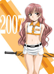 00s 1boy 2007 bare_arms bare_legs bare_shoulders belt brown_eyes campaign_girl closed_umbrella collarbone crossdressing crossdressing_(mtf) legs_together long_hair male_focus midriff miniskirt navel pencil_skirt pink_hair princess_princess race_queen skirt solo thigh_gap thighs trap umbrella wan&#039;yan_aguda yutaka_mikoto