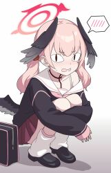 Rule 34 | &lt;|&gt; &lt;|&gt;, 1girl, absurdres, armpit crease, black bag, black shirt, black shoes, black wings, blue archive, blush, collarbone, embarrassed, feathered wings, full body, halo, head wings, highres, hugging own legs, koharu (blue archive), korean commentary, long hair, long sleeves, looking at viewer, loose socks, low wings, neckerchief, nose blush, open mouth, pink hair, pink halo, pink neckerchief, pleated skirt, red halo, red skirt, sailor collar, school uniform, shirt, shoes, simple background, single bare shoulder, single off shoulder, single tear, skirt, sleeves past wrists, socks, solo, speech bubble, spoken blush, squatting, twintails, vector (dmlddmld00), white background, white sailor collar, white socks, winged halo, wings