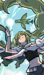 1girl absurdres black_shirt cape closed_mouth cloud commentary_request day flygon flying from_below gen_3_pokemon gloves green_hair ground_miku_(project_voltage) hair_between_eyes hatsune_miku highres long_hair nintendo outdoors pants pokemon pokemon_(creature) project_voltage sasami_642 shirt sky sleeveless sleeveless_shirt smile split_mouth sun twintails vocaloid white_cape white_gloves yellow_pupils