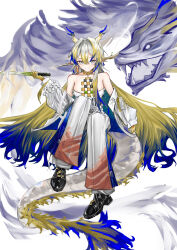 1girl 1other absurdres arknights bare_shoulders bead_necklace beads black_boots boots breasts closed_mouth collarbone dragon dragon_girl dragon_horns dragon_tail earrings eastern_dragon eastern_dragon_horns eastern_dragon_tail green_eyes hair_between_eyes highres holding holding_sword holding_weapon horns jewelry kotokoto_3927 long_hair long_sleeves looking_at_viewer medium_breasts necklace open_mouth pants pointy_ears sharp_teeth shirt shu_(arknights) simple_background smile strapless strapless_shirt sword tail tassel tassel_earrings teeth tube_top weapon white_background white_hair white_tube_top