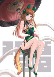 Rule 34 | 1girl, 2025, absurdres, alternate costume, animal ears, bare shoulders, black gloves, blunt bangs, breasts, china dress, chinese clothes, dress, ear covers, from side, gloves, green eyes, green footwear, hairband, high heels, highres, holding, holding umbrella, horse ears, horse girl, horse tail, long hair, looking at viewer, oil-paper umbrella, orange hair, pelvic curtain, side slit, silence suzuka (umamusume), small breasts, solo, tail, umamusume, umbrella, white hairband, yingjian