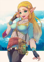 1girl adjusting_hair black_gloves black_pants blonde_hair blue_sky border braid breasts chichi_band commentary_request cowboy_shot crown_braid fingerless_gloves gloves green_eyes hair_ornament hairclip letterboxed long_hair medium_breasts nintendo open_mouth outside_border pants pointy_ears princess_zelda sheikah_slate sidelocks sky smile solo standing teeth the_legend_of_zelda the_legend_of_zelda:_breath_of_the_wild thick_eyebrows upper_teeth_only white_border