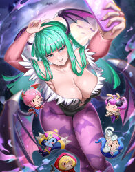 6+girls animal_ears animal_feet arms_up arthropod_girl artist_name bat_(animal) bat_wings blonde_hair blue_hair blue_pantyhose blurry blush bow breasts bridal_gauntlets b.b._hood burnt_green_tea capcom castle cat_ears cat_girl cat_tail cellphone chibi chinese_clothes cleavage clothing_cutout collarbone colored_skin compound_eyes cowboy_shot crossed_legs curvy demon_girl depth_of_field dutch_angle extra_eyes felicia_(darkstalkers) female_focus flipped_hair floating fur_collar fur_trim green_eyes gun hair_over_shoulder hat head_wings heart_cutout highleg highleg_leotard highres holding holding_gun holding_weapon hood hood_up jiangshi large_breasts leaning_forward hsien-ko leotard lilith_(darkstalkers) long_hair low_wings monster_girl moon moonlight morrigan_aensland multiple_girls nail_polish night night_sky one_eye_closed outdoors pantyhose phone pink_hair pink_nails print_pantyhose purple_hair purple_pantyhose q-bee qingdai_guanmao salute selfie sky smartphone stinger tail thick_thighs thighs two-finger_salute upside-down darkstalkers weapon wings