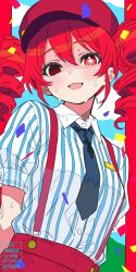 +_+ bad_link blue_necktie collared_shirt drill_hair hat highres kasane_teto mesmerizer_(vocaloid) necktie open_mouth pants red_eyes red_hair red_pants shirt short_sleeves single_empty_eye standing striped_clothes striped_shirt suspenders twin_drills utau watermark white_shirt xel4