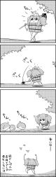 1girl 4koma bird bucket comic farming greyscale highres hoe kisume monochrome tani_takeshi touhou translation_request twintails worktool yukkuri_shiteitte_ne