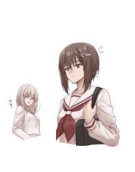 Rule 34 | 2girls, bag, blue eyes, brown eyes, brown hair, girls und panzer, grey hair, hair ornament, highres, holding, holding bag, itsuki (tanakaitsukiiii), itsumi erika, long sleeves, looking at another, medium hair, multiple girls, neckerchief, nishizumi maho, red neckerchief, sailor, sailor collar, school uniform, serafuku, short hair, simple background, upper body, white background, white sailor collar