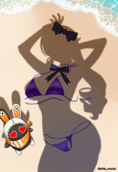 1girl 1other absurdres arms_up bandana bandana_around_neck bangboo_(zenless_zone_zero) beach bikini black_bow black_bowtie blue_gemstone bow bowtie commentary day dressed_shadow_(meme) eidis_scarlet eous_(zenless_zone_zero) gem hair_bow heart heart-shaped_eyes highres implied_nudity long_hair meme orange_bandana outdoors purple_bikini shadow standing swimsuit very_long_hair vivian_banshee water zenless_zone_zero