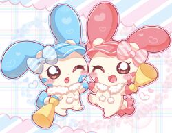animal_ears bow clothed_pokemon gen_3_pokemon hat highres minun nintendo no_humans one_eye_closed open_mouth plusle pokemon pokemon_(creature) scarf shizucha sparkling_eyes tail