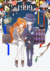 1999 2girls absurdres alien_t apple apple_(reverse:1999) ascot black_bow black_bowtie black_pants black_vest blue_background blue_bow blue_flower boater_hat boots bow bowtie braided_sidelock carbuncle_(reverse:1999) checkered_hairband circle closed_eyes cloud coat collared_dress collared_shirt cow creature crt dress finger_to_mouth flower flying_saucer food fruit gloves grey_eyes grey_footwear grey_hair gun hairband hand_on_own_thigh hand_up handgun hat hat_bow high_collar highres index_finger_raised knee_boots leaning_on_person long_hair long_sleeves looking_at_viewer ms._radio multiple_girls o_mgr6 open_clothes open_coat orange_hair pants pants_tucked_in pants_under_dress puffy_long_sleeves puffy_sleeves purple_coat purple_footwear purple_hat radio reverse:1999 shirt short_hair shushing side-by-side sitting sleeping sonetto_(reverse:1999) spacecraft star_(symbol) suitcase tractor_beam traditional_bowtie two-tone_background two_side_up ufo vertin_(reverse:1999) vest waistcoat water_drop weapon white_ascot white_background white_dress white_gloves white_pants white_shirt