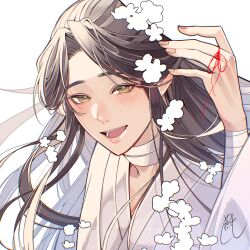 1boy :d absurdres bandaged_arm bandaged_hand bandages bishounen blush brown_eyes brown_hair chinese_clothes flower hair_flower hair_ornament hand_up hanfu highres implied_yaoi long_hair long_sleeves looking_at_viewer male_focus open_mouth robe signature simple_background smile solo string string_of_fate tianguan_cifu tsubame-shi_(tubame) upper_body veil_lift white_background white_flower white_hanfu xie_lian