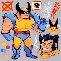 Rule 34 | 1boy, angry, arm hair, beard, belt, black hair, blue gloves, bodysuit, cigar, claw (weapon), color guide, commentary, english text, facial hair, gloves, half mask, highres, large pectorals, male focus, marvel, mask, mask lift, mostlyghostly, muscular, muscular male, pectorals, simple background, smoking, superhero costume, symbol-only commentary, teeth, thick arm hair, two-tone bodysuit, weapon, wolverine (x-men), x-men, yellow bodysuit