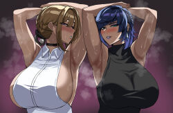 2girls armpits arms_up bare_arms bare_shoulders black_choker blonde_hair blue_hair blush breasts choker commentary diagonal_bangs evelyn_chevalier genshin_impact green_eyes hella_p huge_breasts looking_at_viewer multiple_girls parted_lips sideboob smile steam sweat symbol-only_commentary upper_body yelan_(genshin_impact) zenless_zone_zero