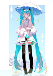 1girl absurdres aqua_hair aqua_necktie black_bow black_skirt blonde_hair blush boots bow closed_eyes coat collared_shirt commentary_request facing_viewer full_body hair_between_eyes hair_ornament hatsune_miku highres holding holding_umbrella hood hooded_coat layered_clothes long_sleeves miku39love3 multicolored_hair necktie shirt sidelocks skirt smile solo straight-on swimsuit thigh_boots thighhighs twintails two-tone_hair umbrella vocaloid water_drop white_coat white_shirt white_umbrella wide_sleeves zettai_ryouiki
