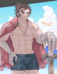 Rule 34 | 1boy, abs, bandaged arm, bandages, beach, brown eyes, brown hair, closed mouth, cloud, collarbone, foreshortening, hand on own hip, highres, holding, holding weapon, jacket, jacket on shoulders, justice gakuen, kendo, looking at viewer, male focus, muscular, muscular male, nekketsu hayato, no shirt, o9mtr, pectorals, red jacket, shinai, shorts, sideburns, skyline, spiked hair, sweat, sword, thick eyebrows, topless male, track jacket, weapon, whistle