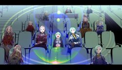 6+girls absurdres anemone_(eureka_seven) blue_hair blue_jacket breasts collarbone cosplay eureka_(eureka_seven) eureka_seven eureka_seven:_pocket_ga_niji_de_ippai eureka_seven_(series) eureka_seven_ao eureka_seven_hi-evolution_2:_anemone eureka_seven_hi-evolution_3:_eureka flat_chest food forehead_jewel gulliver_(eureka_seven) hair_between_eyes hand_on_own_face head_tilt highres iris_mackenzie jacket lab_coat large_breasts lens_flare letterboxed long_hair medium_breasts military military_uniform multiple_girls multiple_persona parted_lips pink_hair pink_jacket popcorn purple_eyes red_jacket renton_thurston renton_thurston_(cosplay) sakusakusakurai short_hair sitting smile very_long_hair